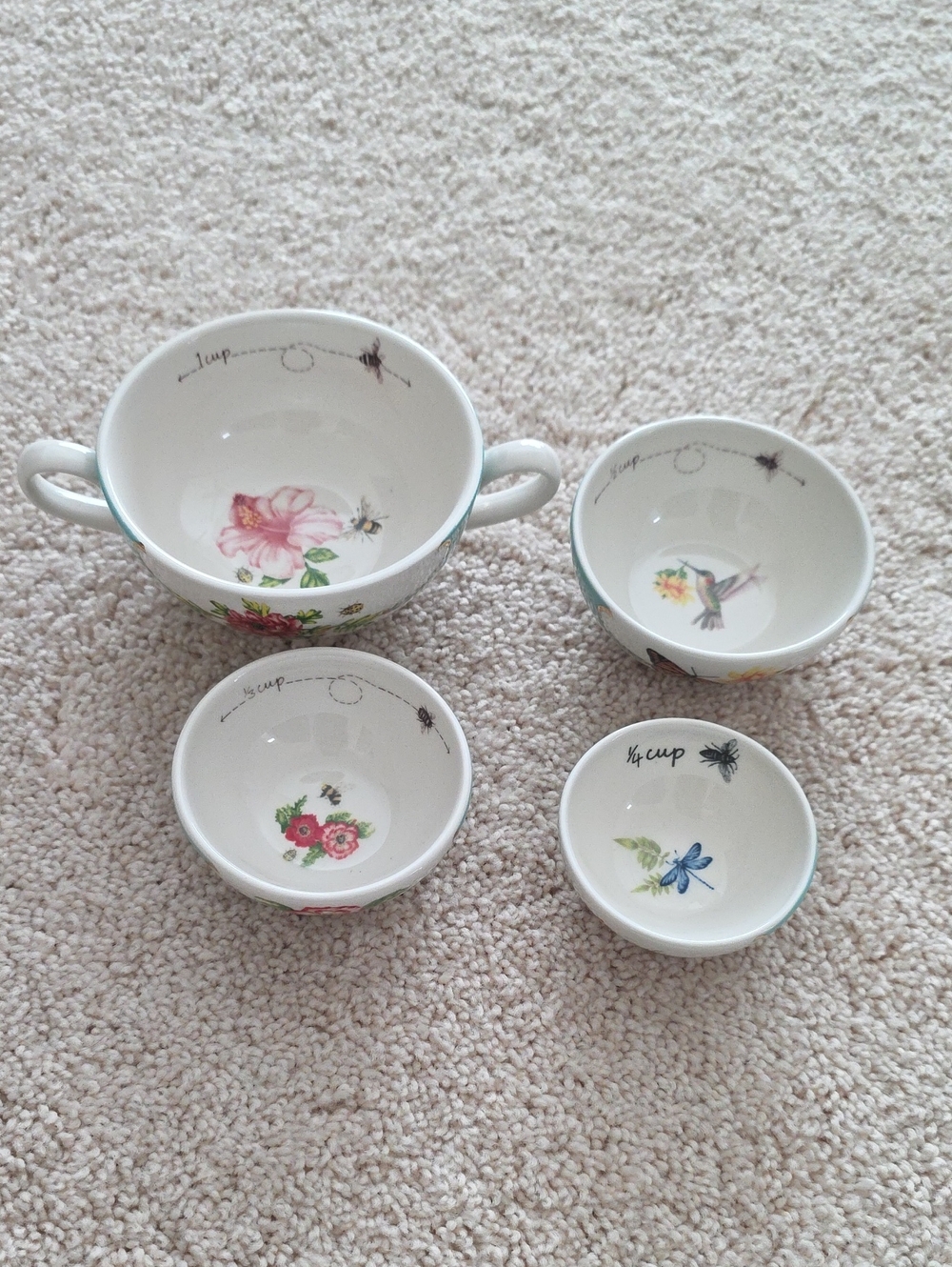 Anthropologie White Floral Measuring Bowl Set with Multicolor Botanical Motifs